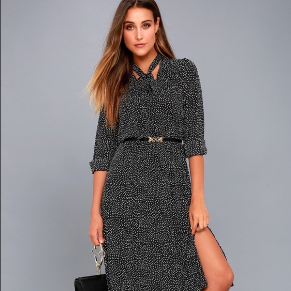 Black polka dot long sleeve midi dress Lulus